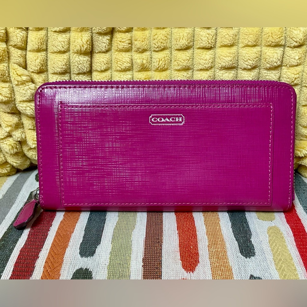 COACH Darcy Deep Plum Patent Leather Accordion Zip Around Wallet